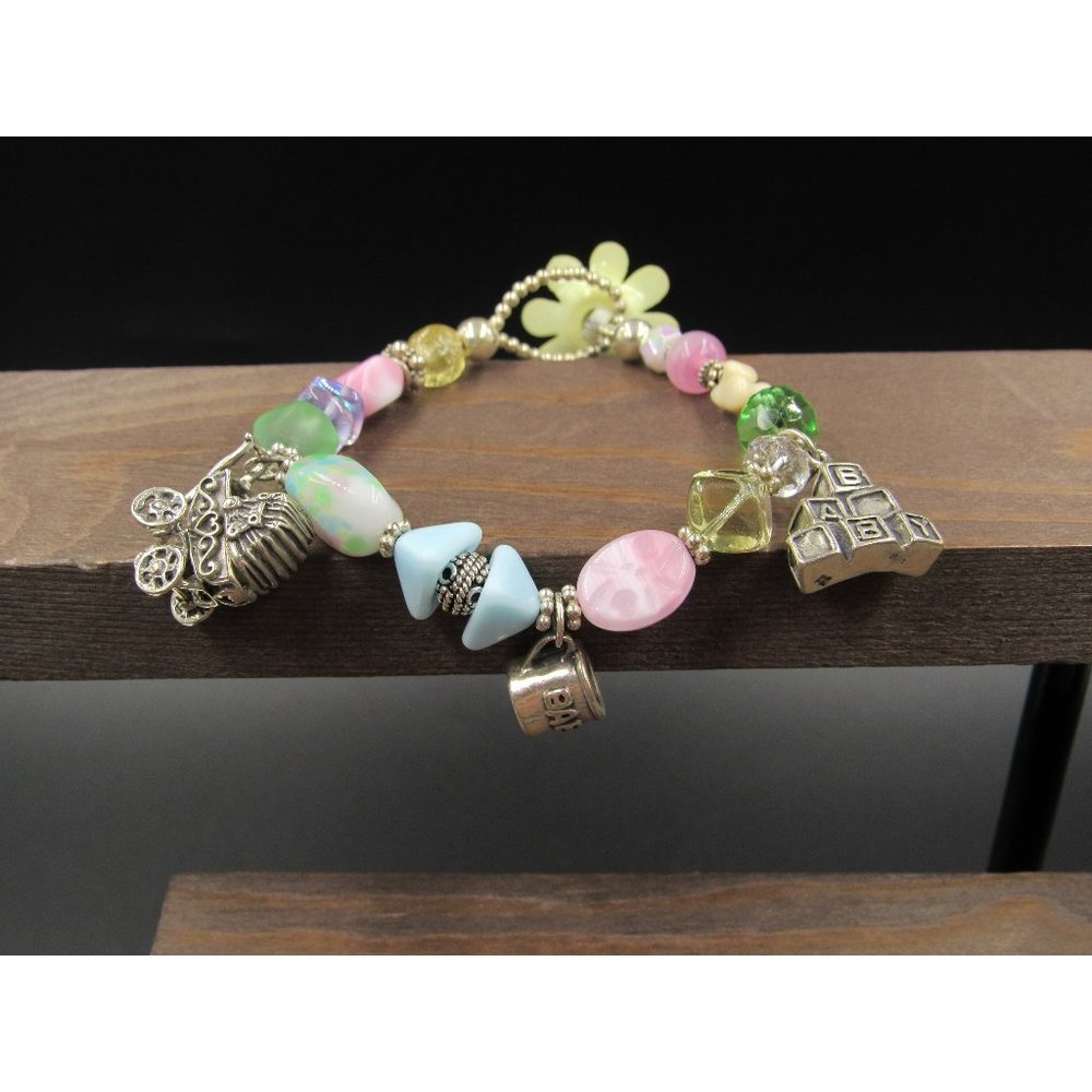 7" Sterling Silver Handmade Baby Charm Colorful Bracelet Vintage Wedding
